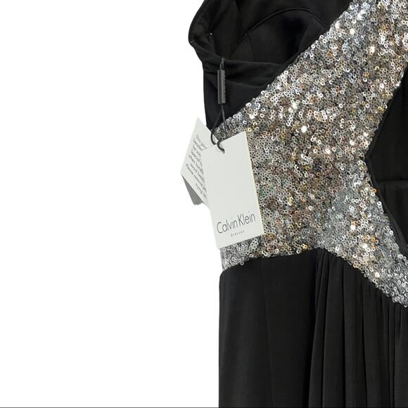 CALVIN KLEIN Black with Brilliant Silver Sequin Halter Maxi Dress NWT SZ 8 - Picture 11 of 17
